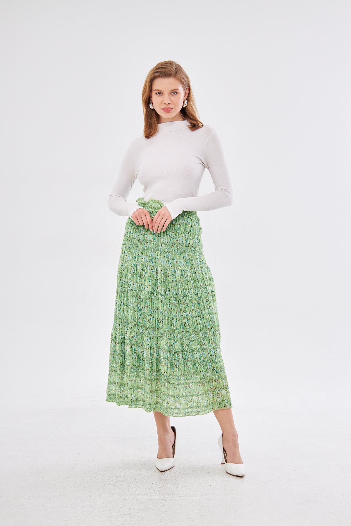 Aliya Floral Smocked Midi Skirt- Light Green