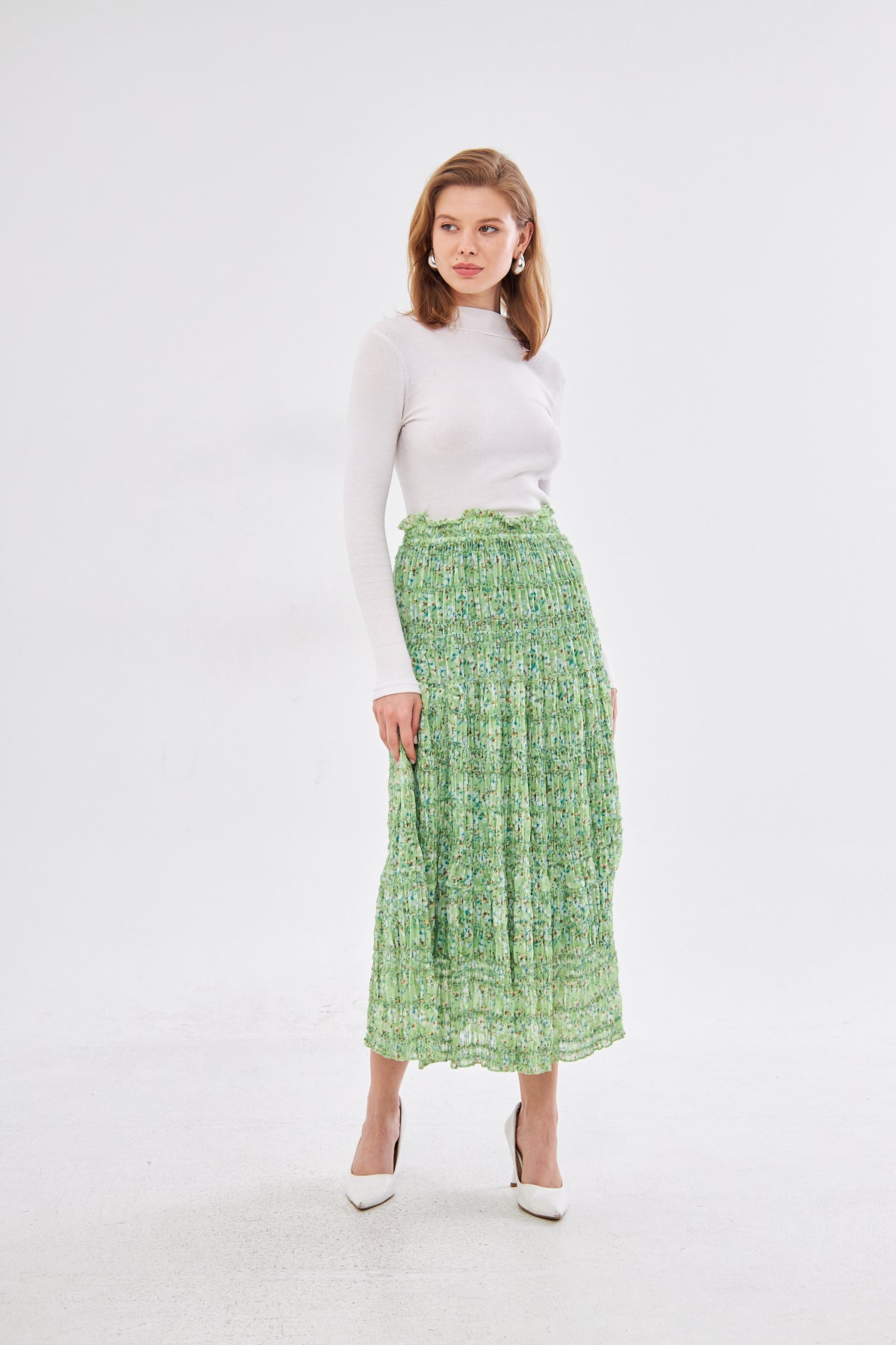 Aliya Floral Smocked Midi Skirt- Light Green