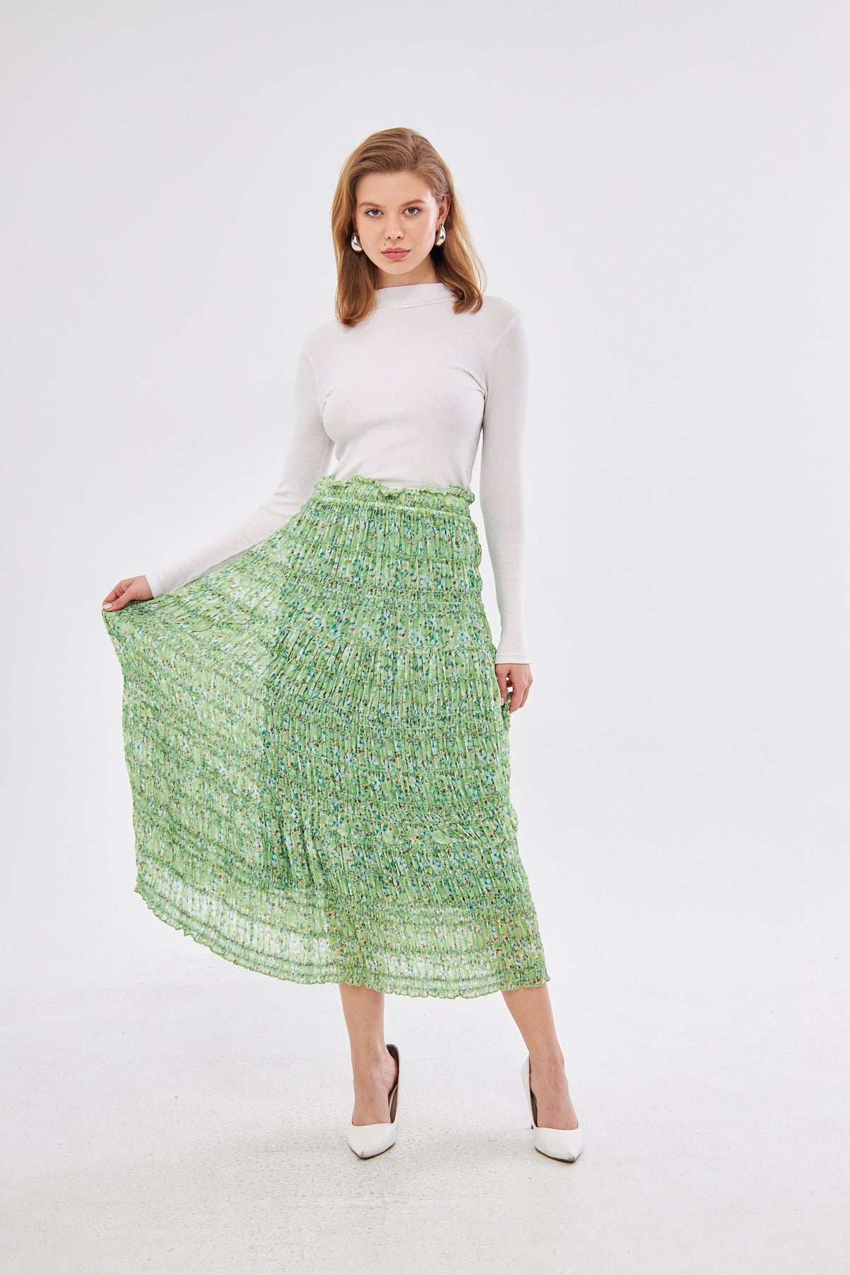 Aliya Floral Smocked Midi Skirt- Light Green