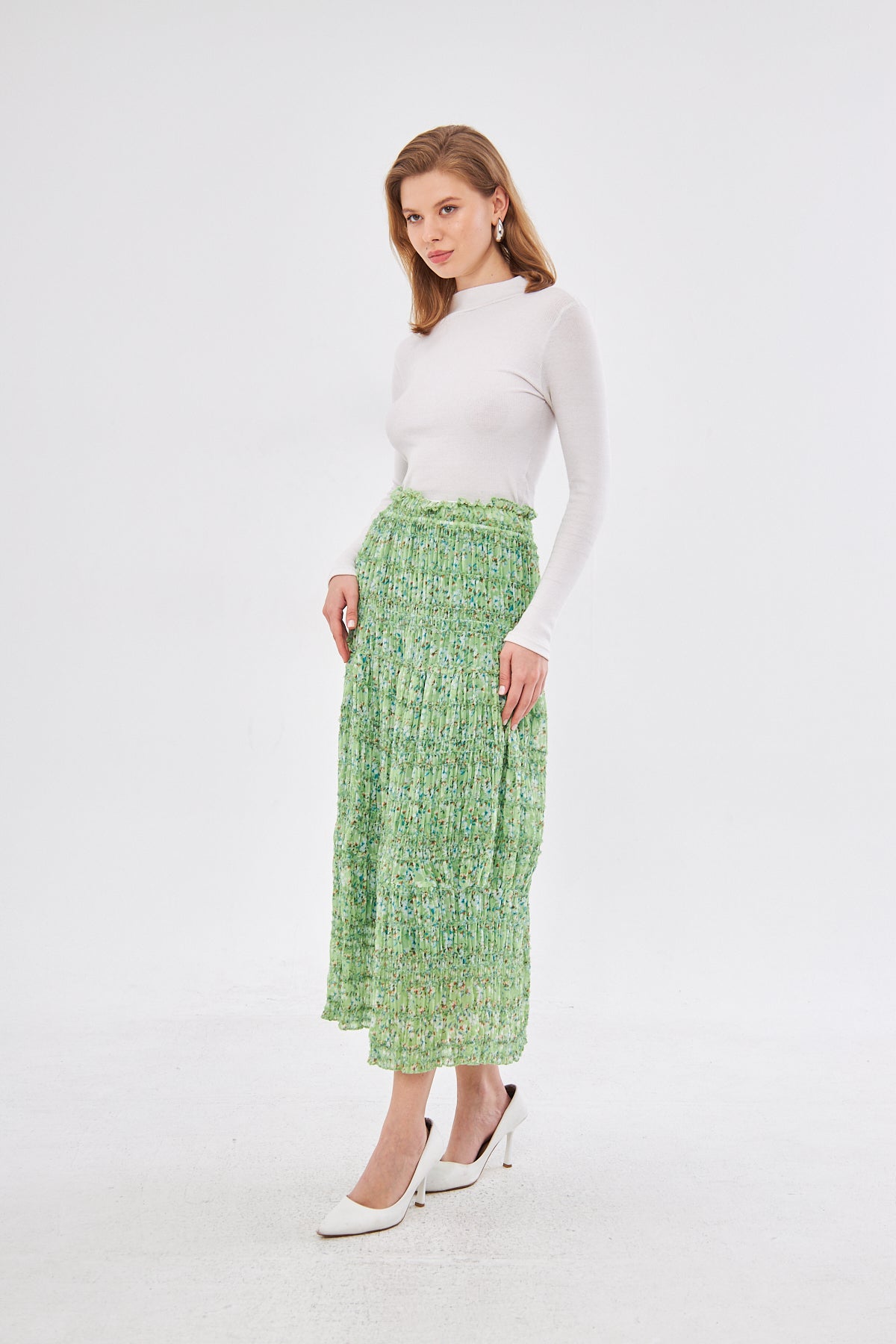 Aliya Floral Smocked Midi Skirt- Light Green