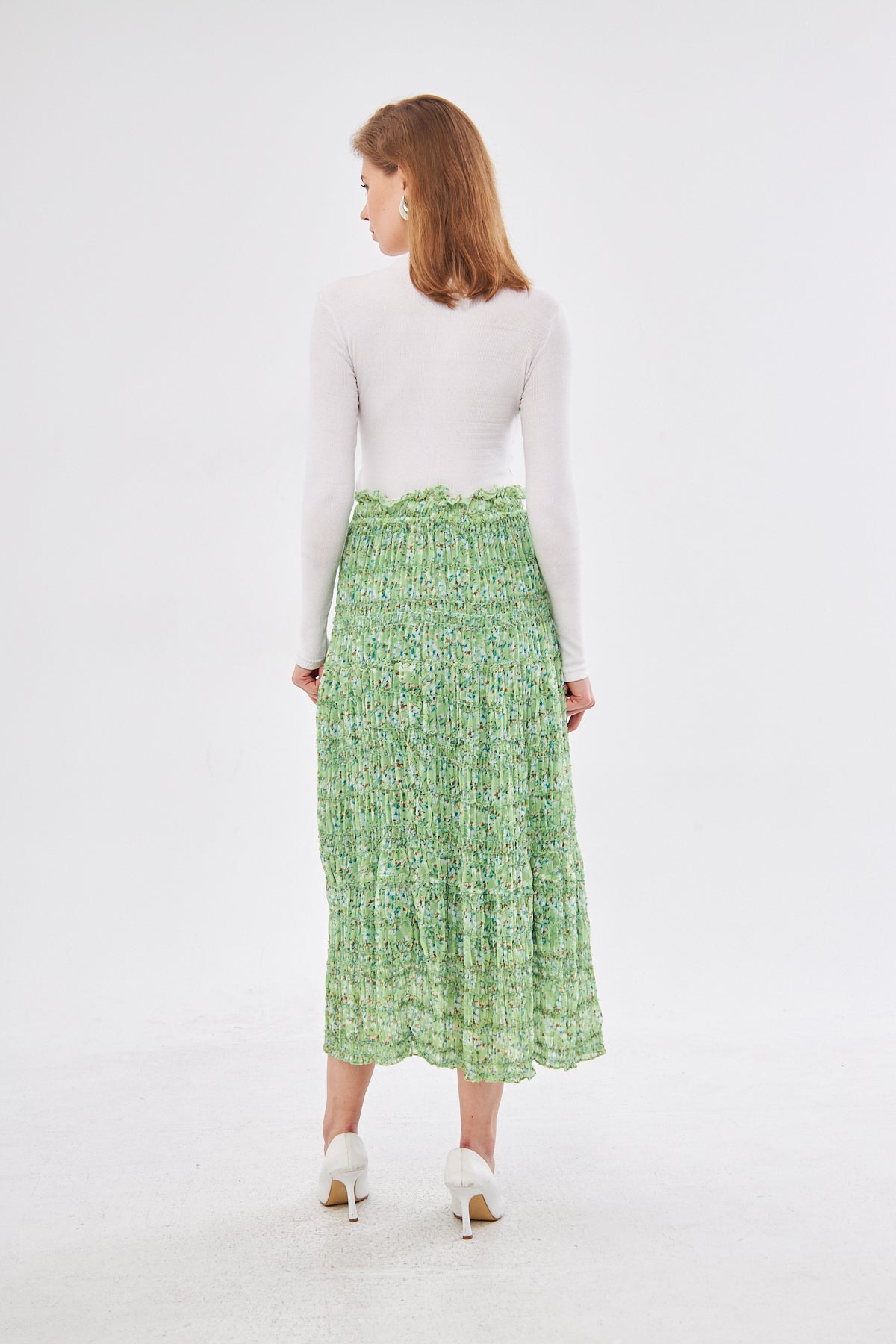 Aliya Floral Smocked Midi Skirt- Light Green