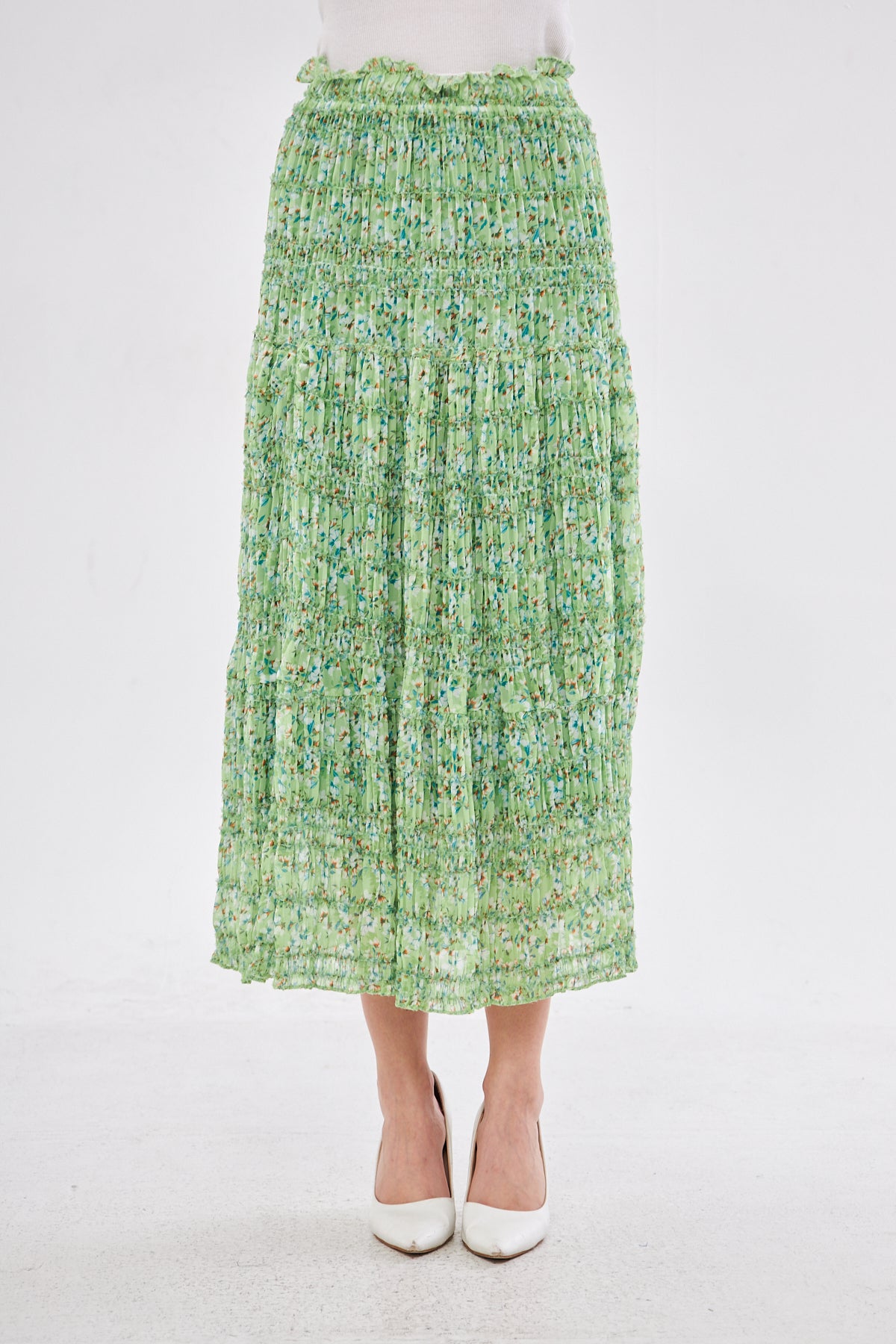 Aliya Floral Smocked Midi Skirt- Light Green