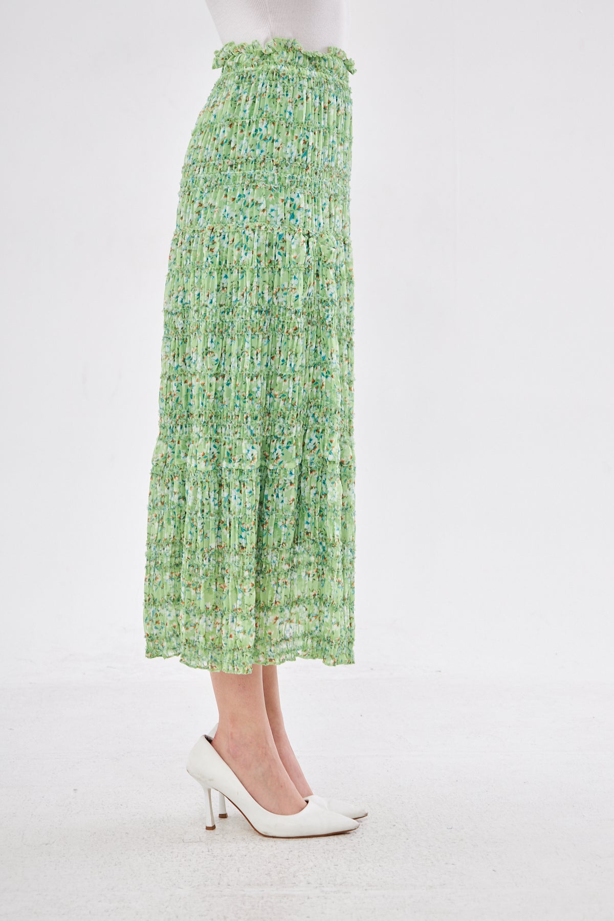 Aliya Floral Smocked Midi Skirt- Light Green