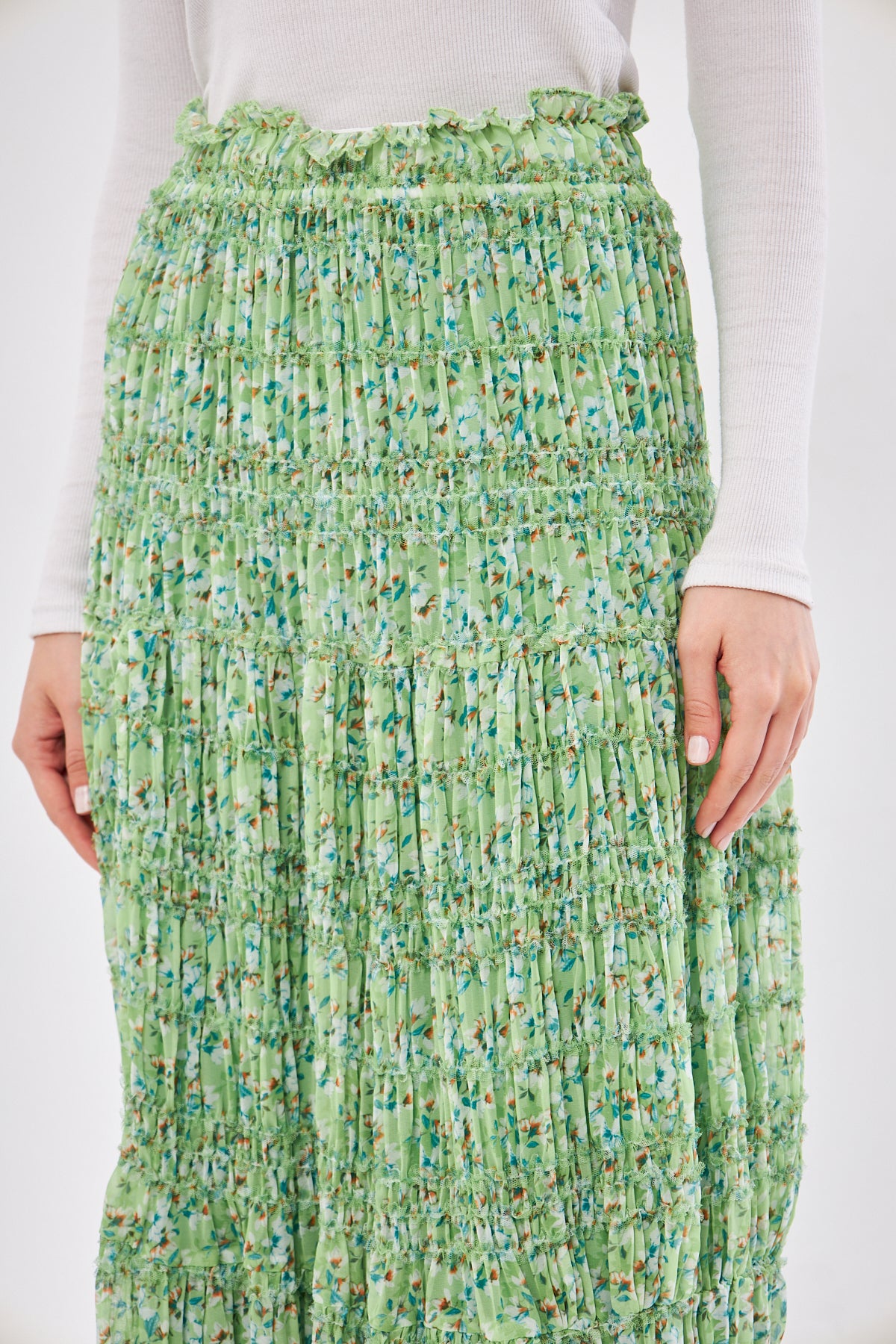 Aliya Floral Smocked Midi Skirt- Light Green