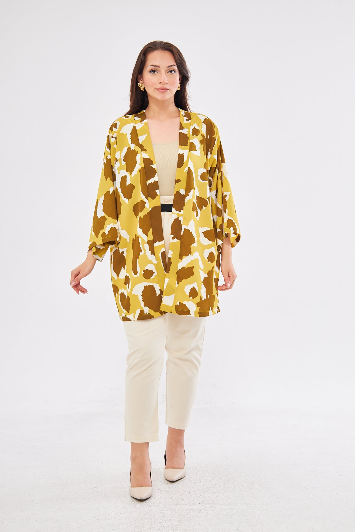 Alysa All Over Print Kimono - Mustard & White