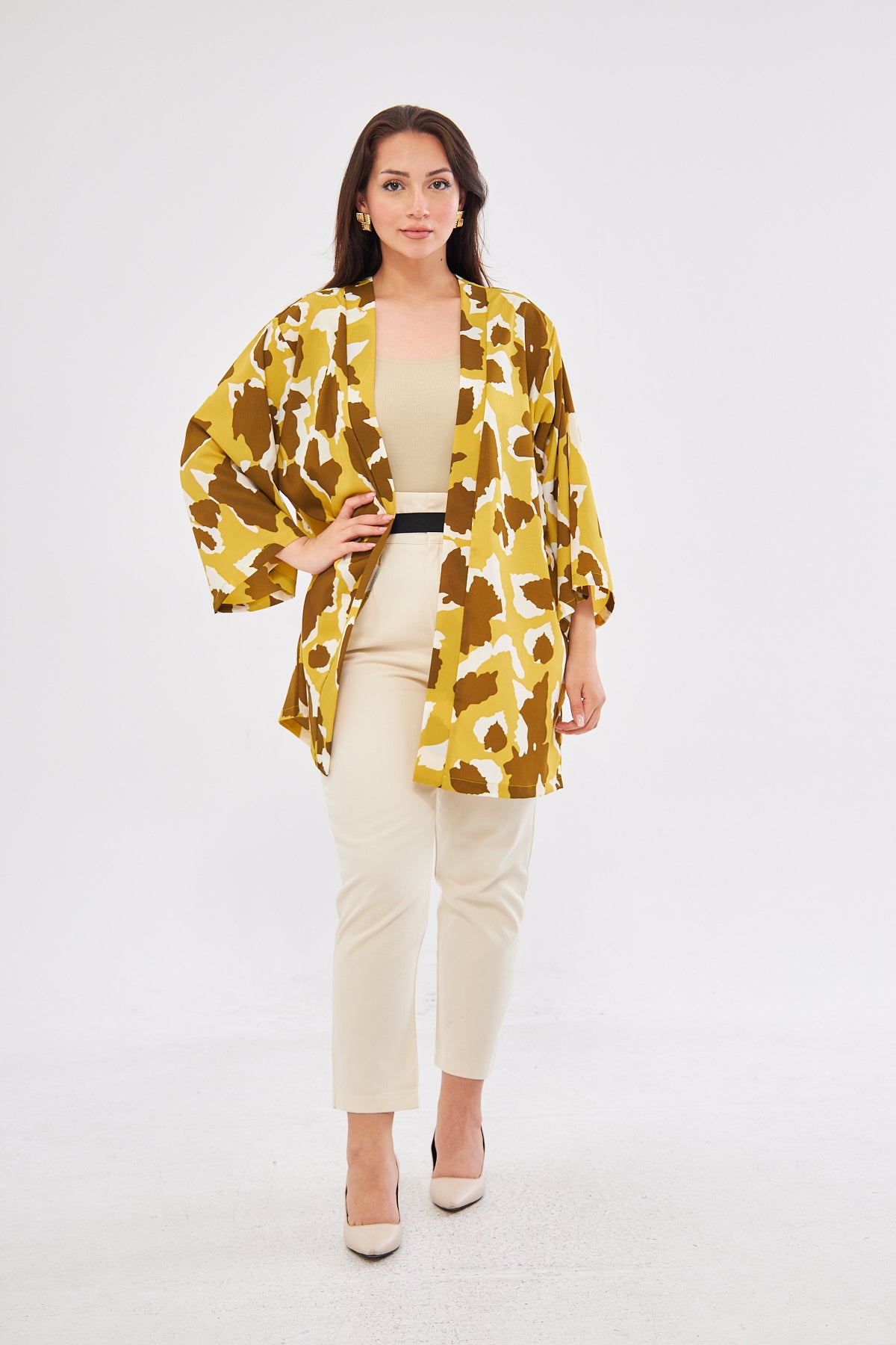 Alysa All Over Print Kimono - Mustard & White