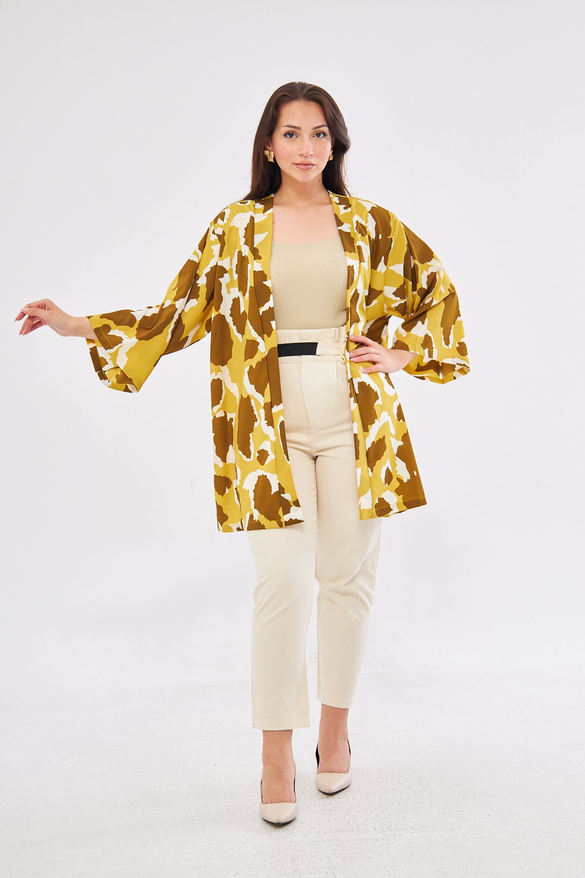 Alysa All Over Print Kimono - Mustard & White