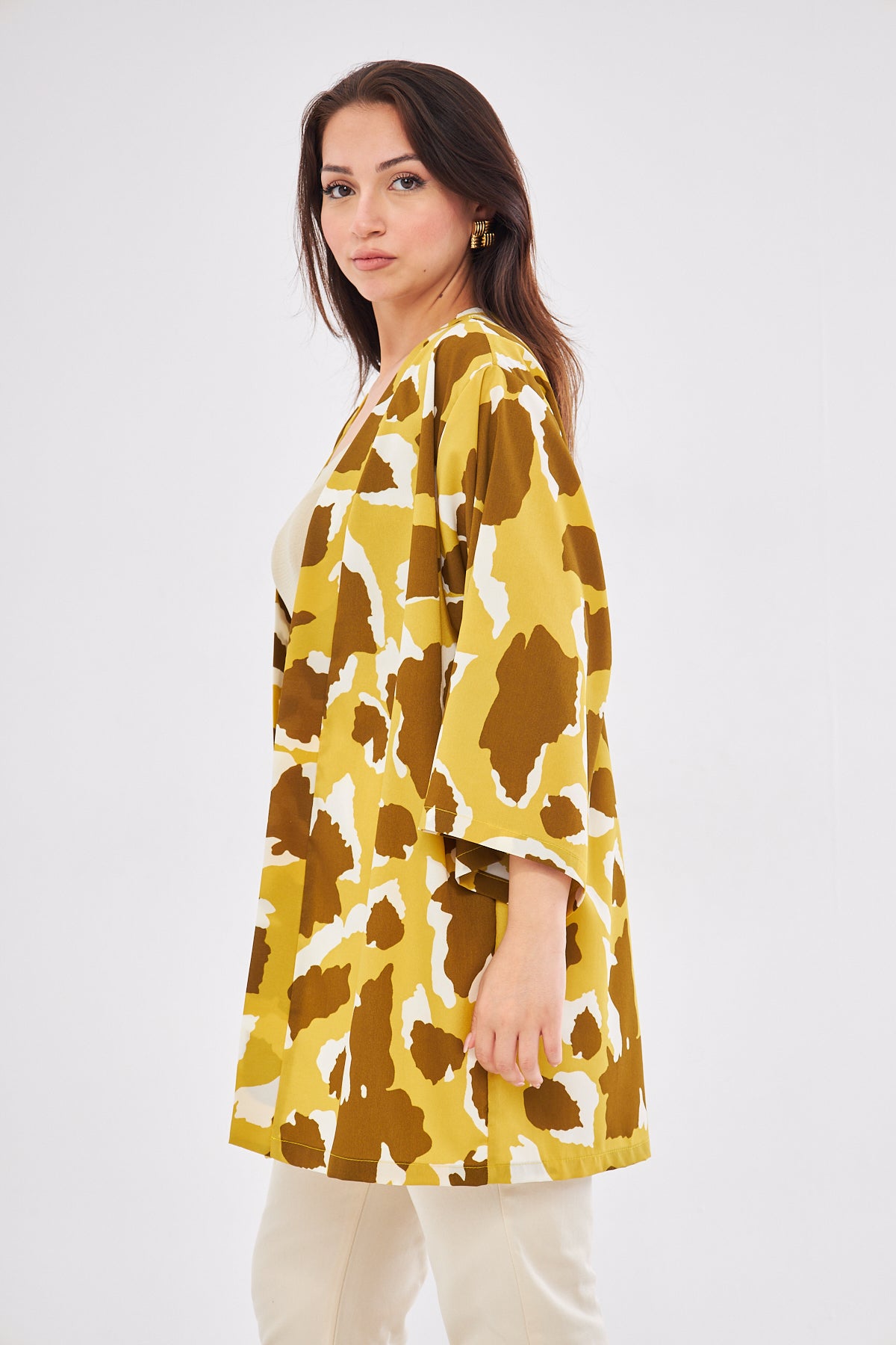 Alysa All Over Print Kimono - Mustard & White