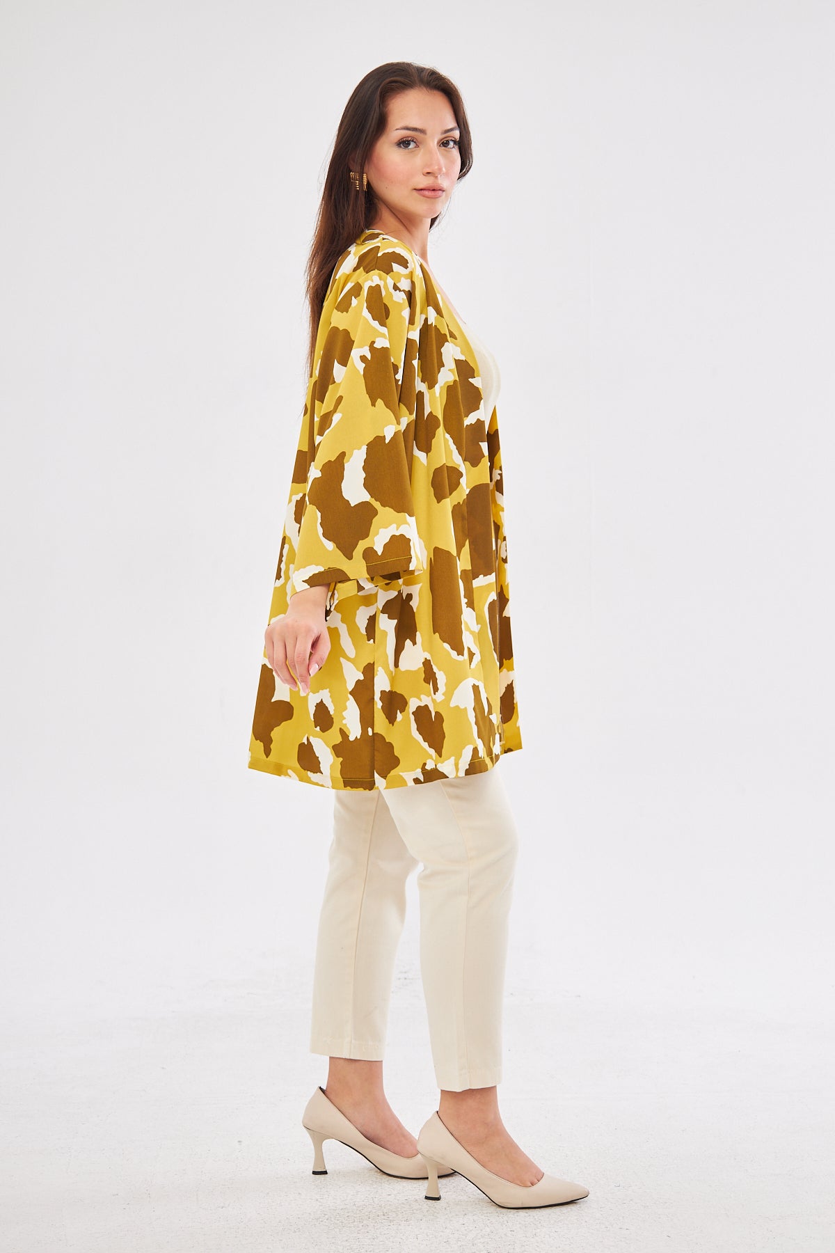 Alysa All Over Print Kimono - Mustard & White