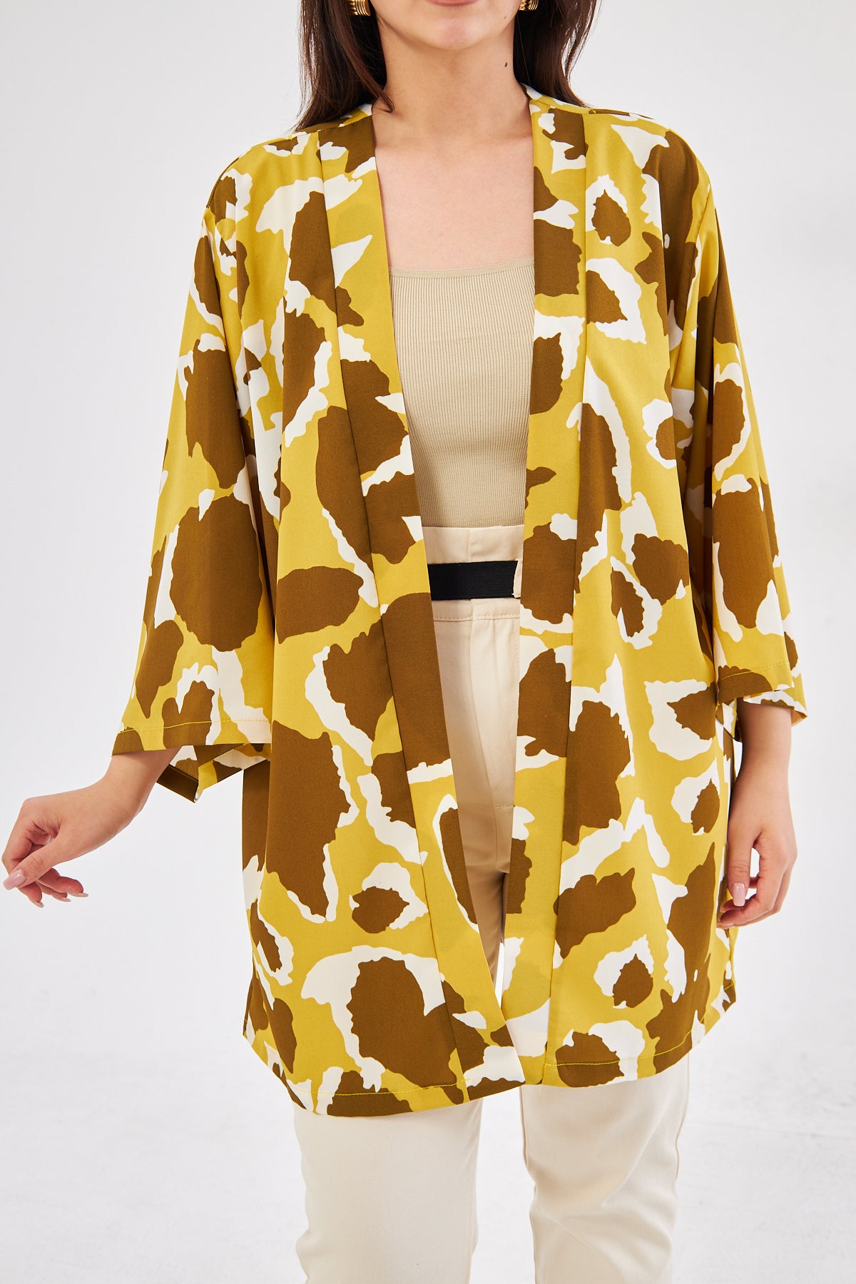 Alysa All Over Print Kimono - Mustard & White
