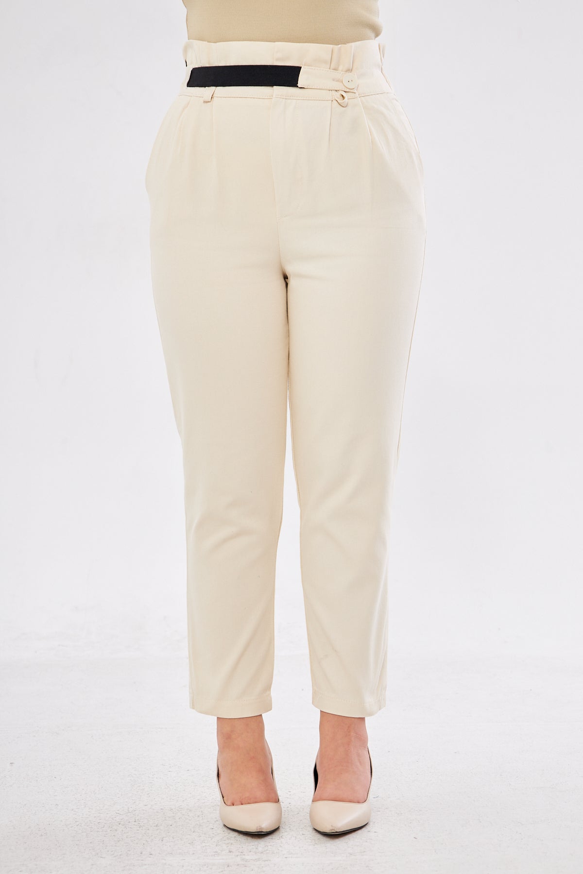 Lucy Black Belt High Waisted Slim Pants - Beige