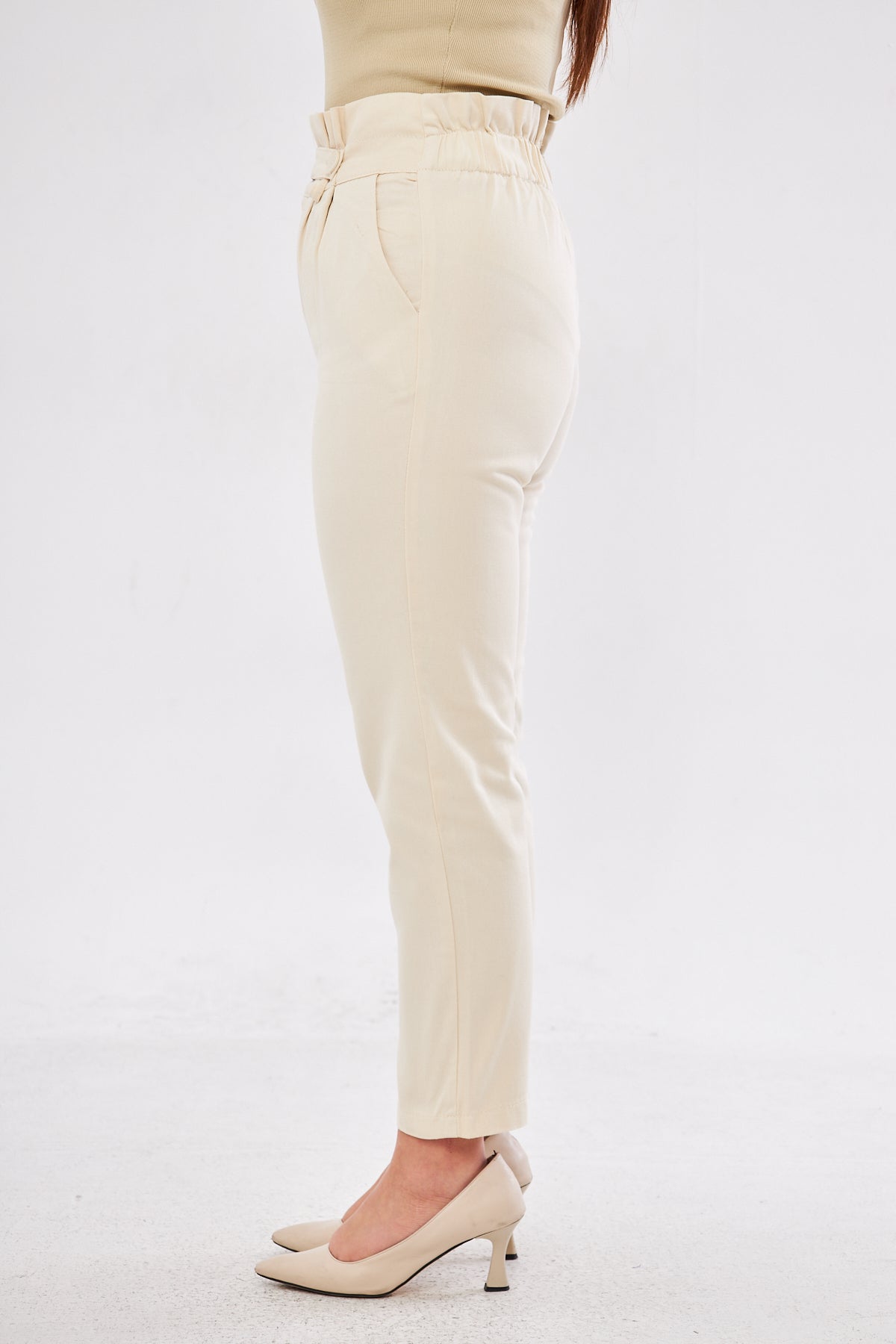Lucy Black Belt High Waisted Slim Pants - Beige