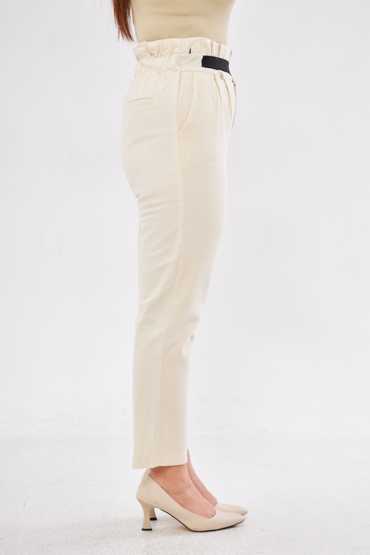 Lucy Black Belt High Waisted Slim Pants - Beige