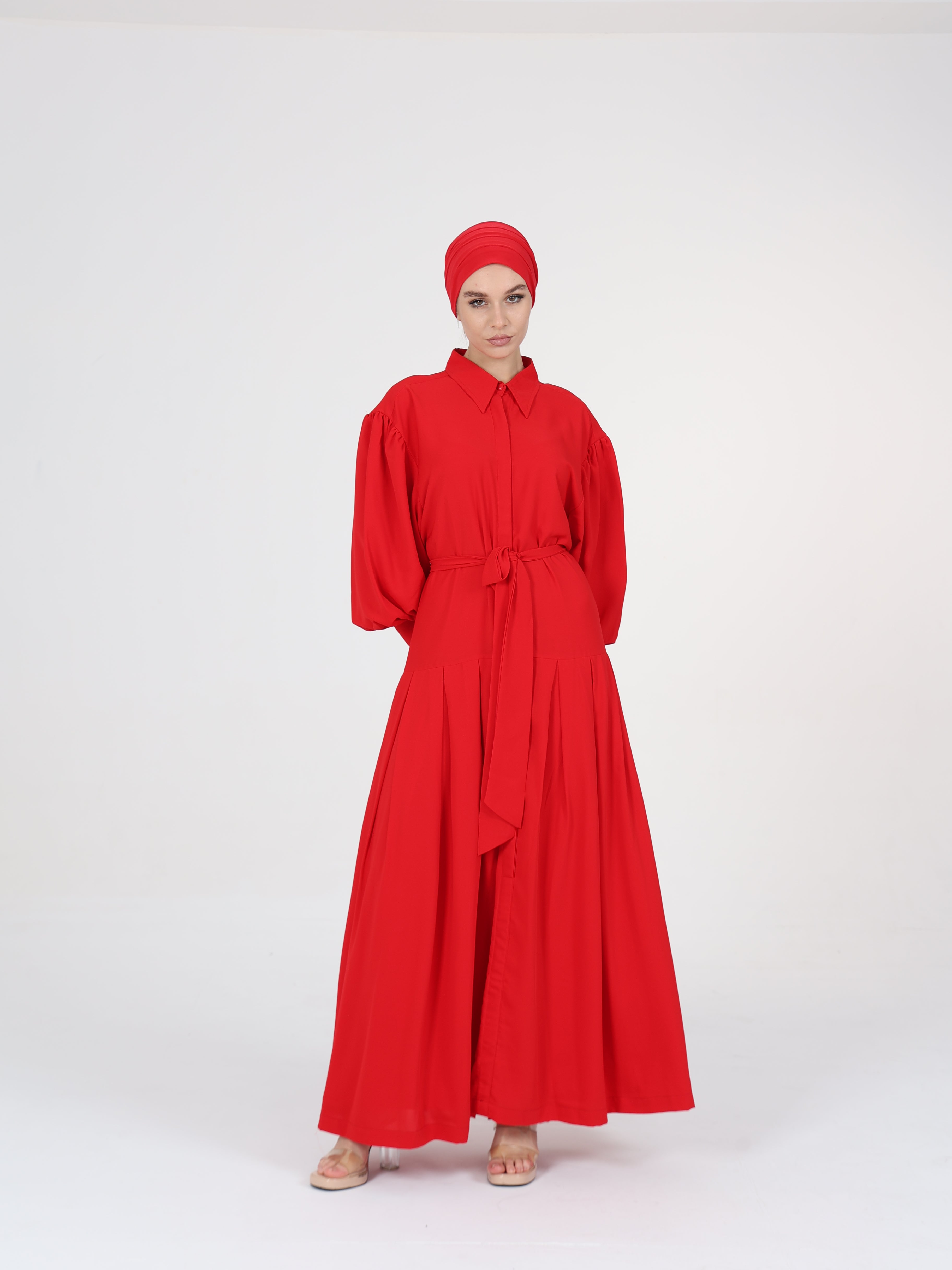 Modest Pleaded Dress - Red