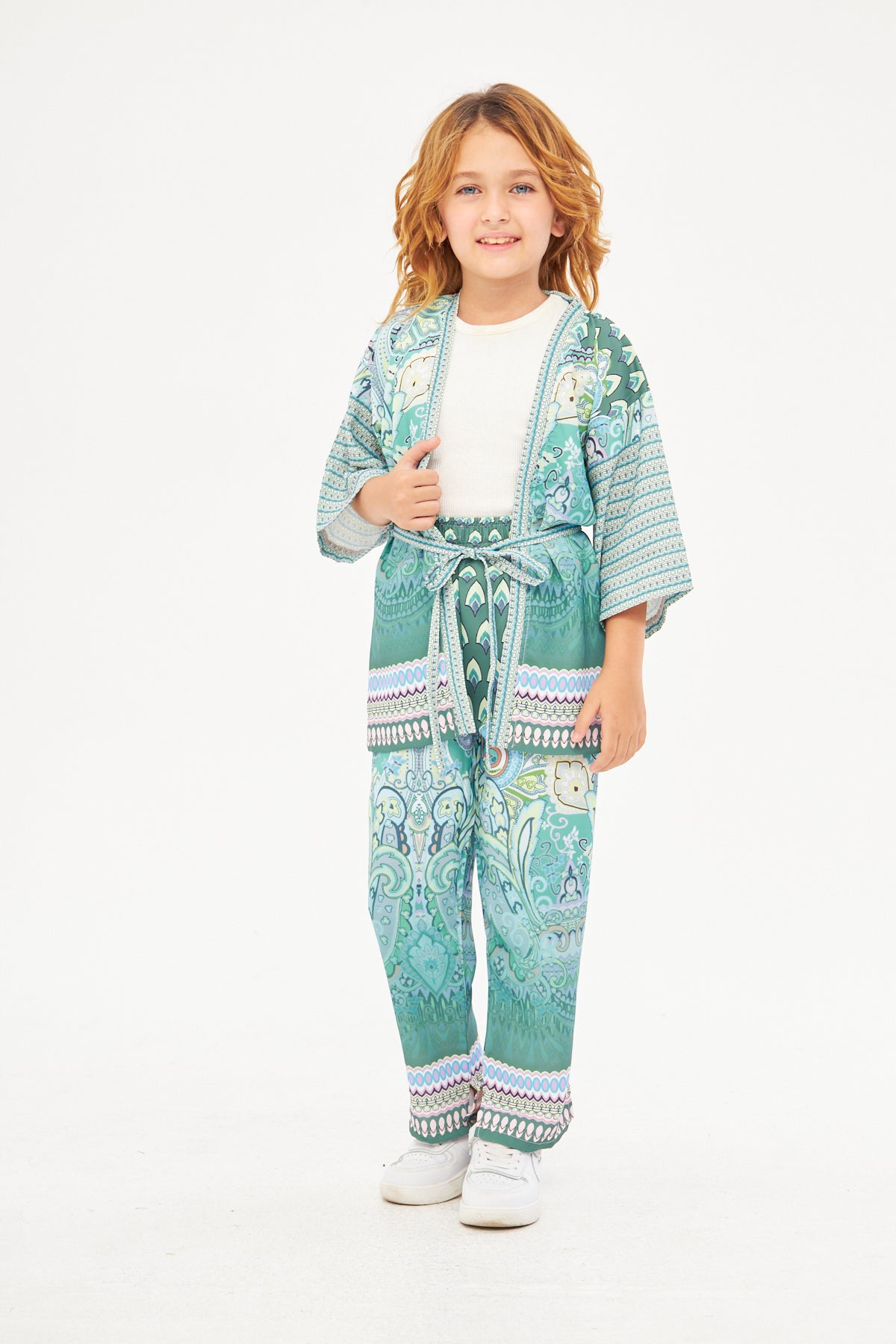 Amelia Girls Paisley Print Kimono & Wide Leg Pants – Light Blue
