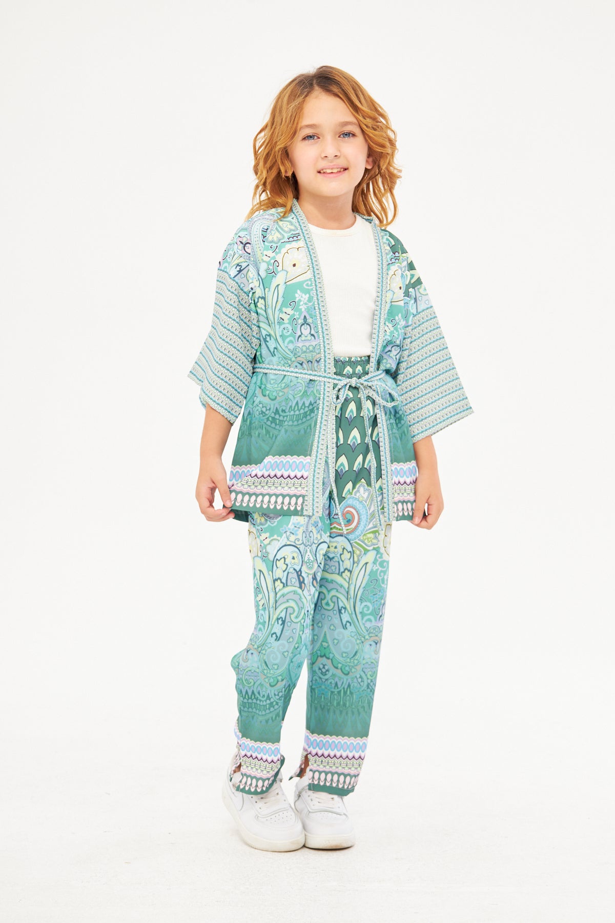 Amelia Girls Paisley Print Kimono & Wide Leg Pants – Light Blue