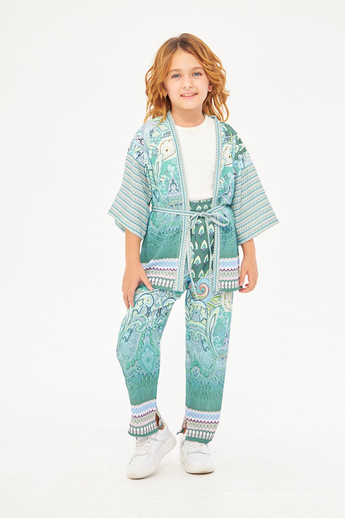 Amelia Girls Paisley Print Kimono & Wide Leg Pants – Light Blue