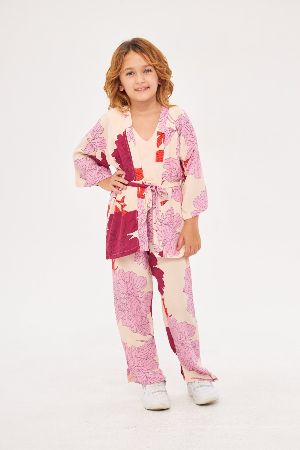 Sophia Girls Floral Kimono & Pants Set- Pink & Purple