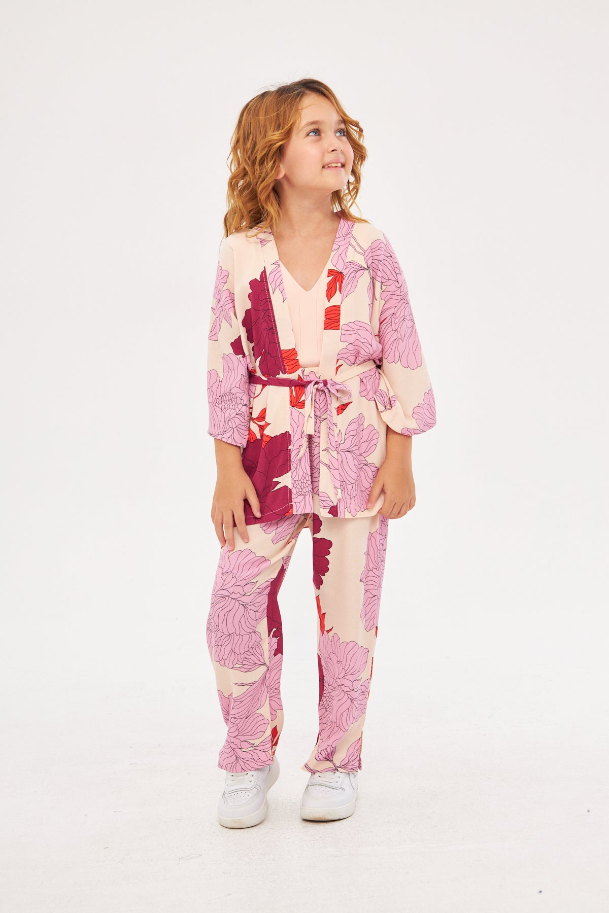 Sophia Girls Floral Kimono & Pants Set- Pink & Purple